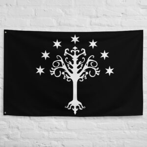 Gondor Flag featuring the White Tree of Gondor from Lord of the Rings on a black fantasy banner