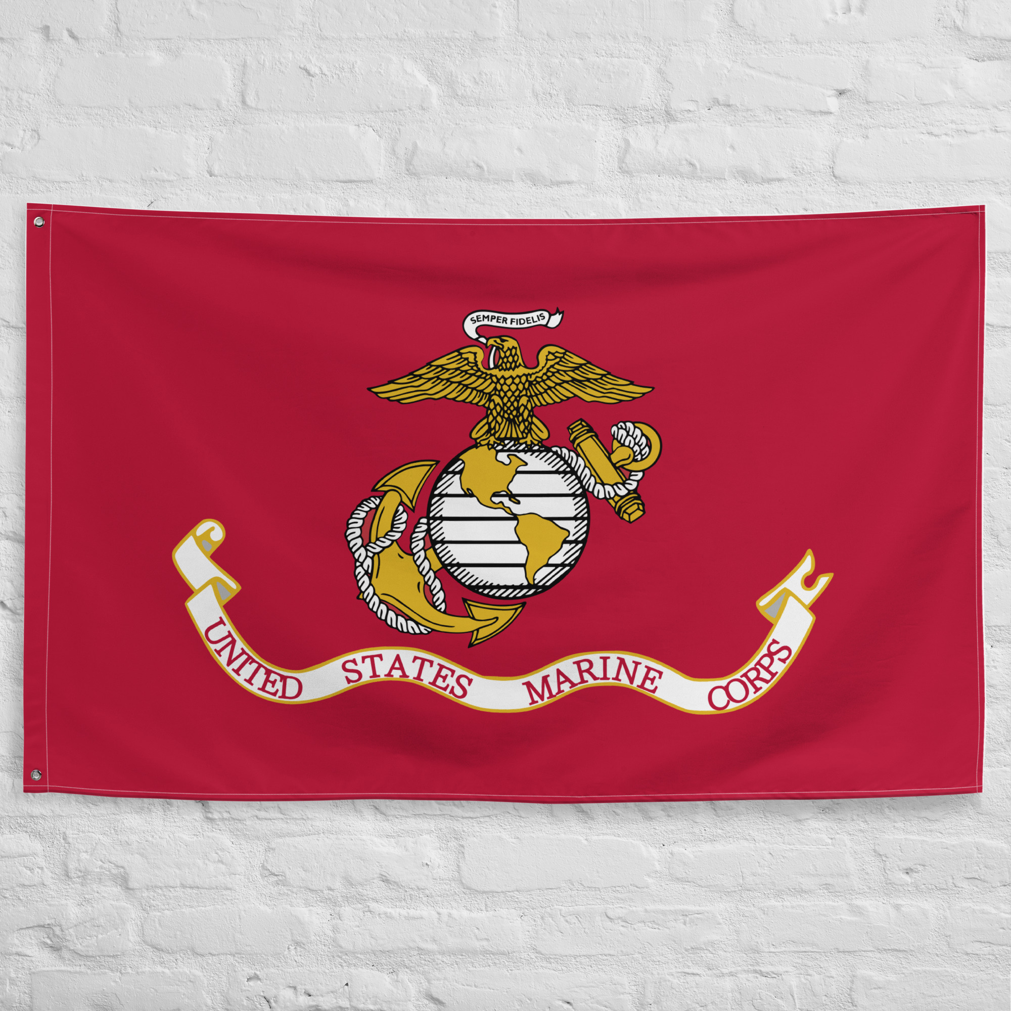 united-states-marine-corps-flag-usmc-emblem-banner United States Marine Corps Flag featuring the Eagle, Globe, and Anchor USMC emblem on a red banner honoring Marine Corps service and tradition.