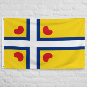 Frisian Flag featuring the traditional blue and white stripes with red pompeblêden symbols representing Friesland and Frisian heritage.