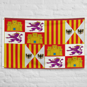 Spanish Empire Flag featuring castles, lions, and royal heraldic symbols representing the power and legacy of Imperial Spain.