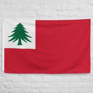 New England Pine Tree Flag featuring the iconic green pine tree symbol on a red colonial banner representing the heritage of historic New England.