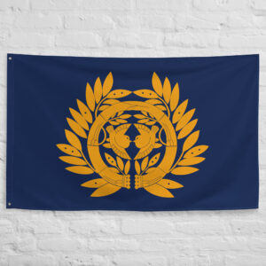 Date Clan Crest Flag featuring the historic golden crest of the Date clan on a blue background representing Japanese samurai heritage and feudal history.