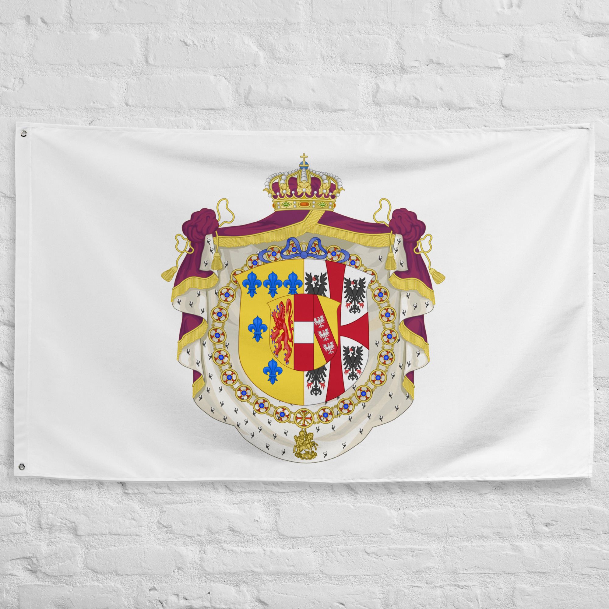Duchy of Parma Flag featuring the ornate coat of arms of Maria Luigia of Austria on a white field representing the historic Duchy of Parma and Italian ducal heritage.
