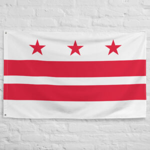 Washington DC Flag featuring three red stars above two red horizontal bars representing the District of Columbia and the capital of the United States.