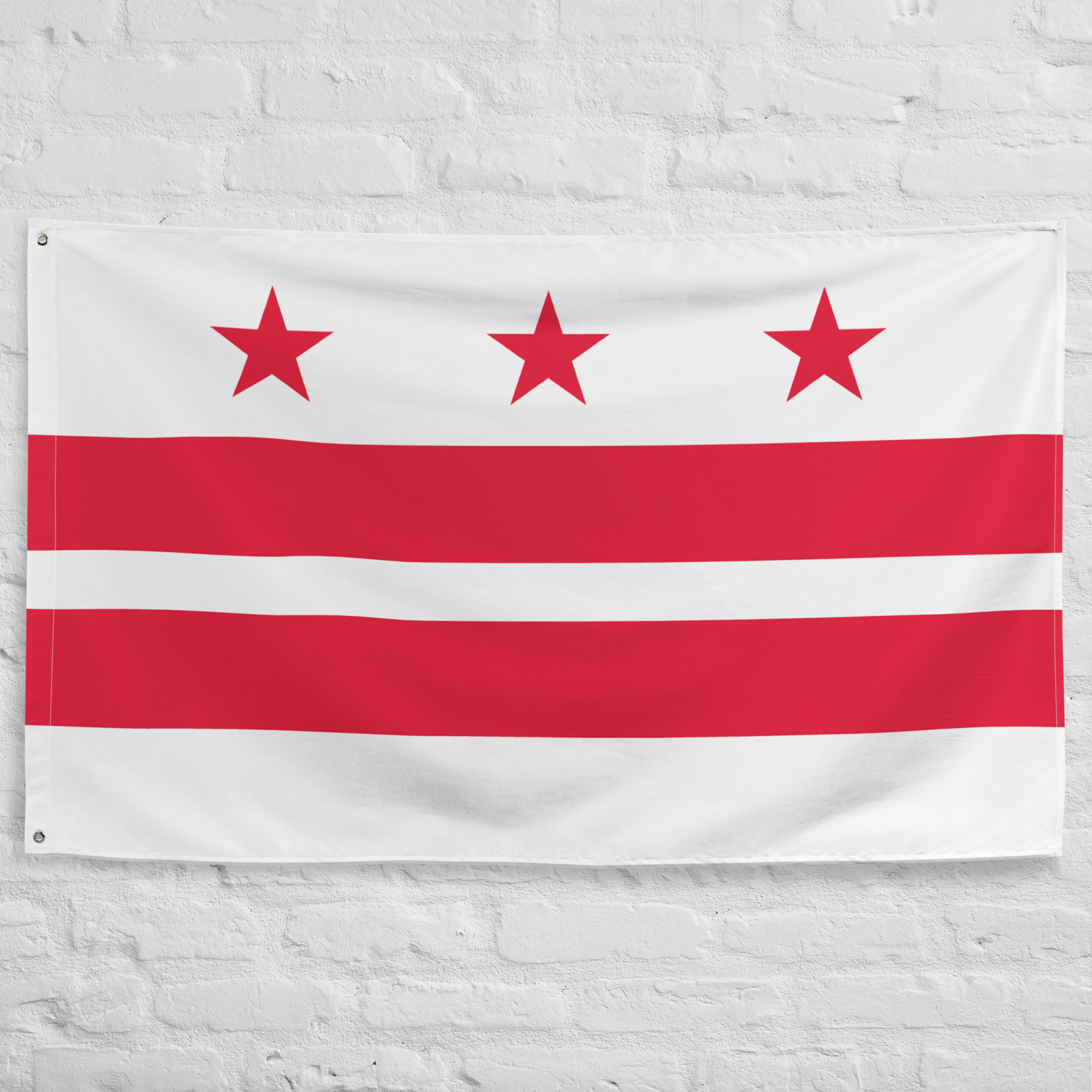 washington-dc-flag-historic-district-columbia-banner Washington DC Flag featuring three red stars above two red horizontal bars representing the District of Columbia and the capital of the United States.