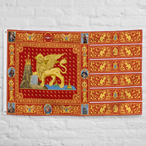 Republic of Venice Flag featuring the Lion of Saint Mark on an ornate historic Venetian banner from the seventeenth century.