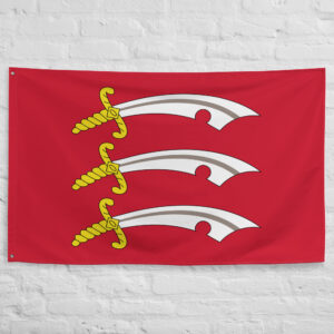 Essex Flag featuring three silver seaxes with golden hilts on a red background representing the historic county of Essex in England.