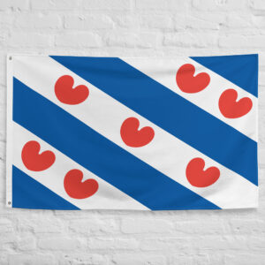 Frisian Flag featuring blue and white stripes with red pompeblêden symbols representing Friesland heritage and culture.