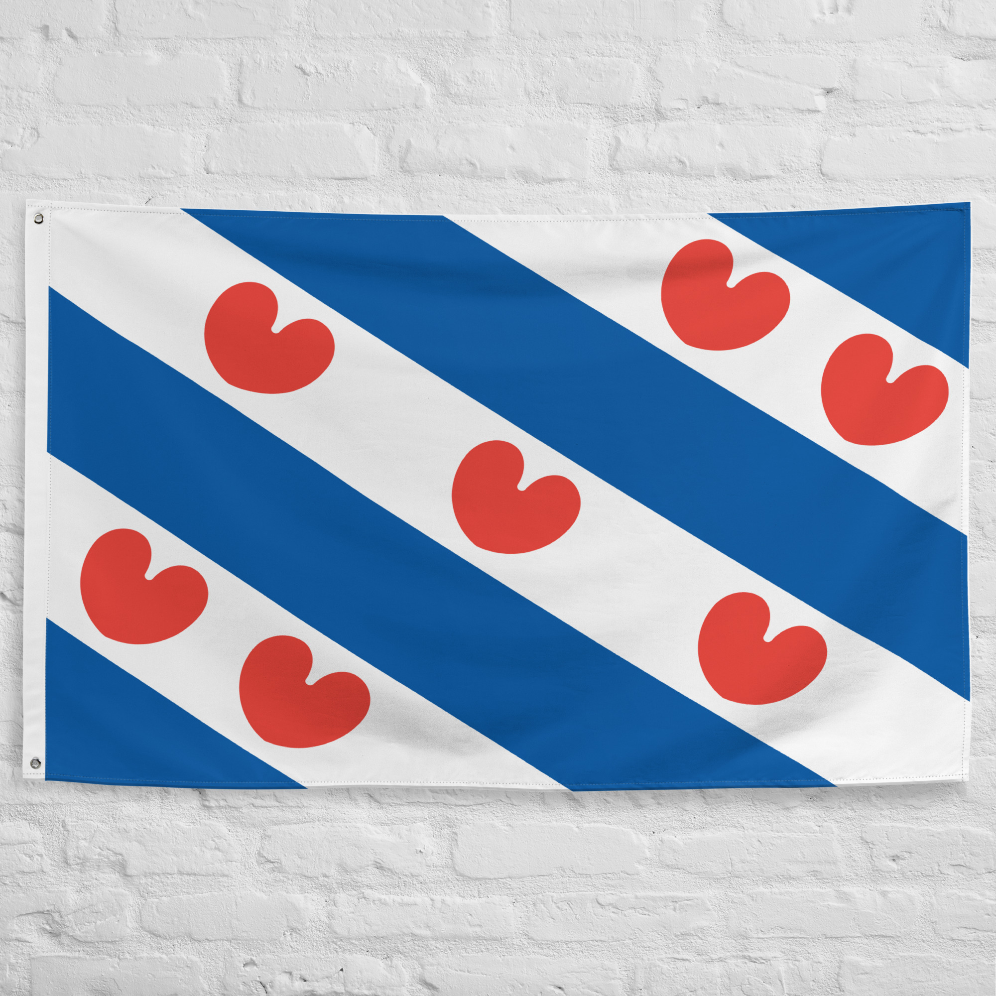 frisian-flag-friesland.jpg Frisian Flag featuring blue and white stripes with red pompeblêden symbols representing Friesland heritage and culture.