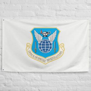 U.S. Air Force OSI Flag featuring the official Office of Special Investigations emblem with globe, wings, and investigative agency insignia on a white banner