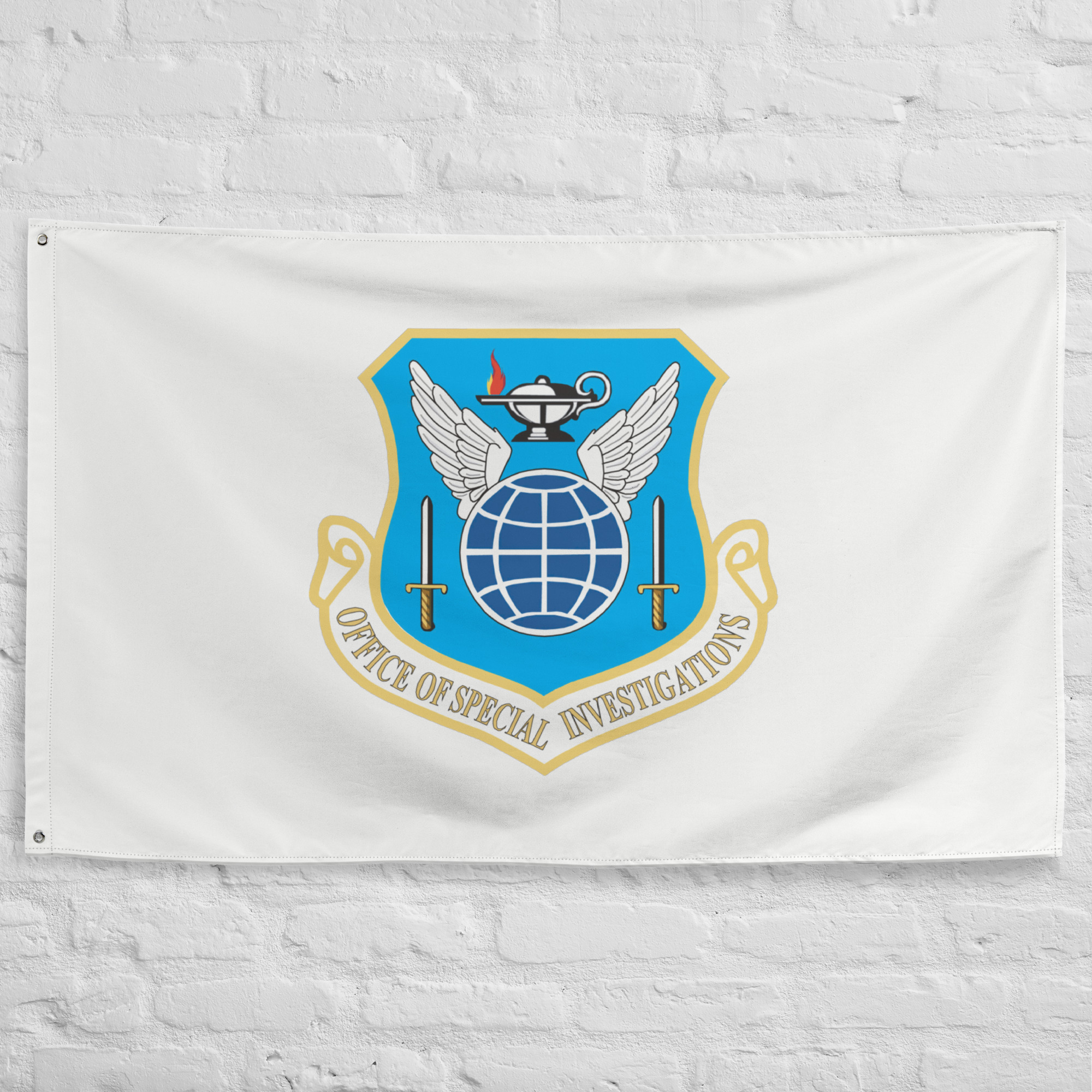us-air-force-osi-flag-office-special-investigations-banner.webp U.S. Air Force OSI Flag featuring the official Office of Special Investigations emblem with globe, wings, and investigative agency insignia on a white banner