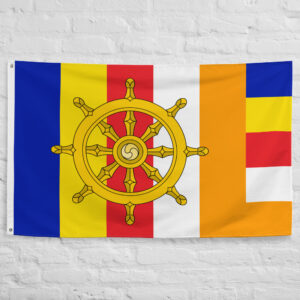 buddhist flag: dharma wheel banner, spiritual decor