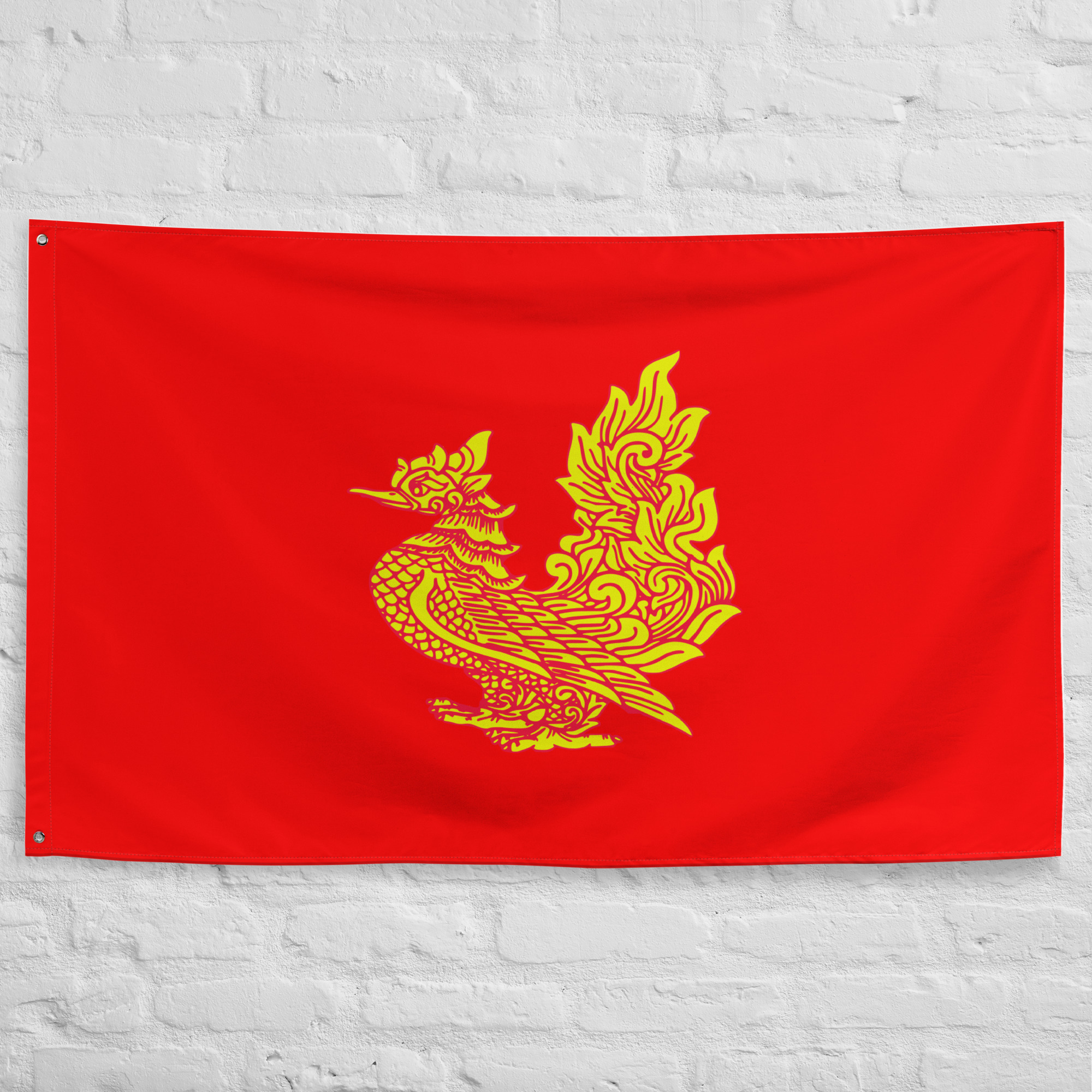 mon-state-flag-historical-burmese-banner Mon State Flag featuring the golden Hamsa bird on a red field representing the Mon people and their cultural heritage in Myanmar.