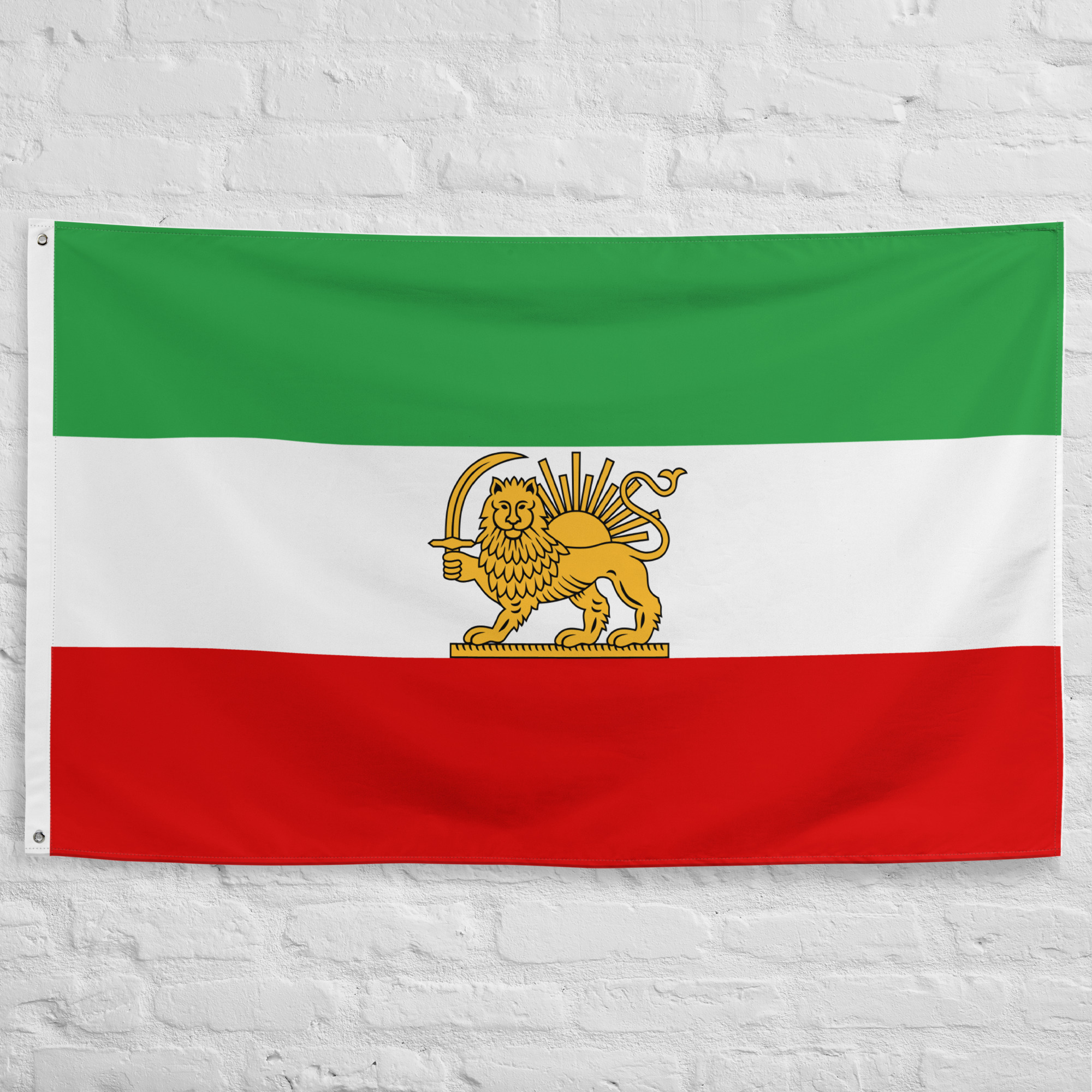 Persian Flag featuring the historic Lion and Sun emblem on a traditional Iranian historical banner