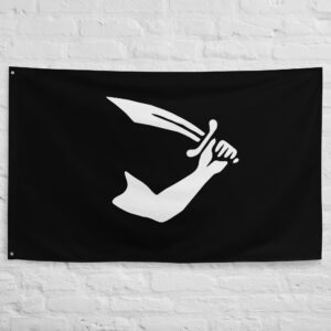 Thomas Tew Pirate Flag featuring a white arm holding a curved sword on a black background associated with the legendary pirate Thomas Tew.