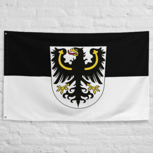 East Prussia Flag featuring the historic black Prussian eagle on a white shield with black and white colors representing German and Baltic heritage.