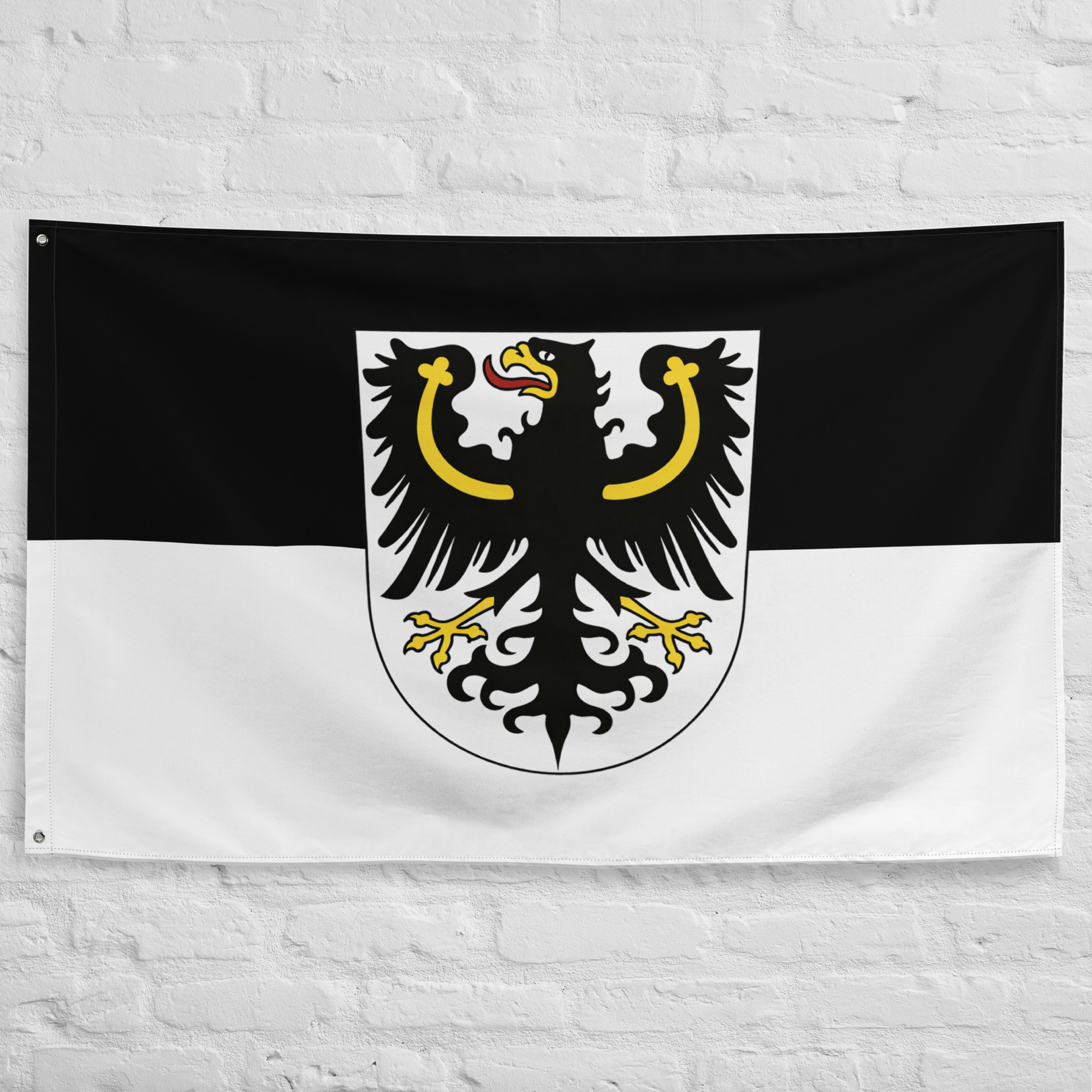 east-prussia-flag-historical-german-baltic-banner East Prussia Flag featuring the historic black Prussian eagle on a white shield with black and white colors representing German and Baltic heritage.