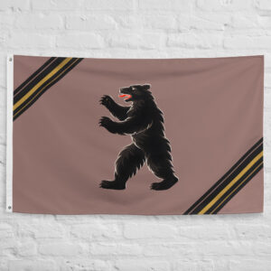 Vales of Anduin Bear Flag featuring a powerful black bear symbol inspired by the Beornings and the wild lands of the Anduin region in The Lord of the Rings and Middle Earth.