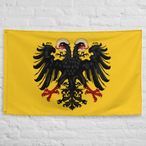 Holy Roman Empire Flag featuring a black double-headed eagle on a golden background representing the Holy Roman Empire, German imperial heritage, and medieval European history.