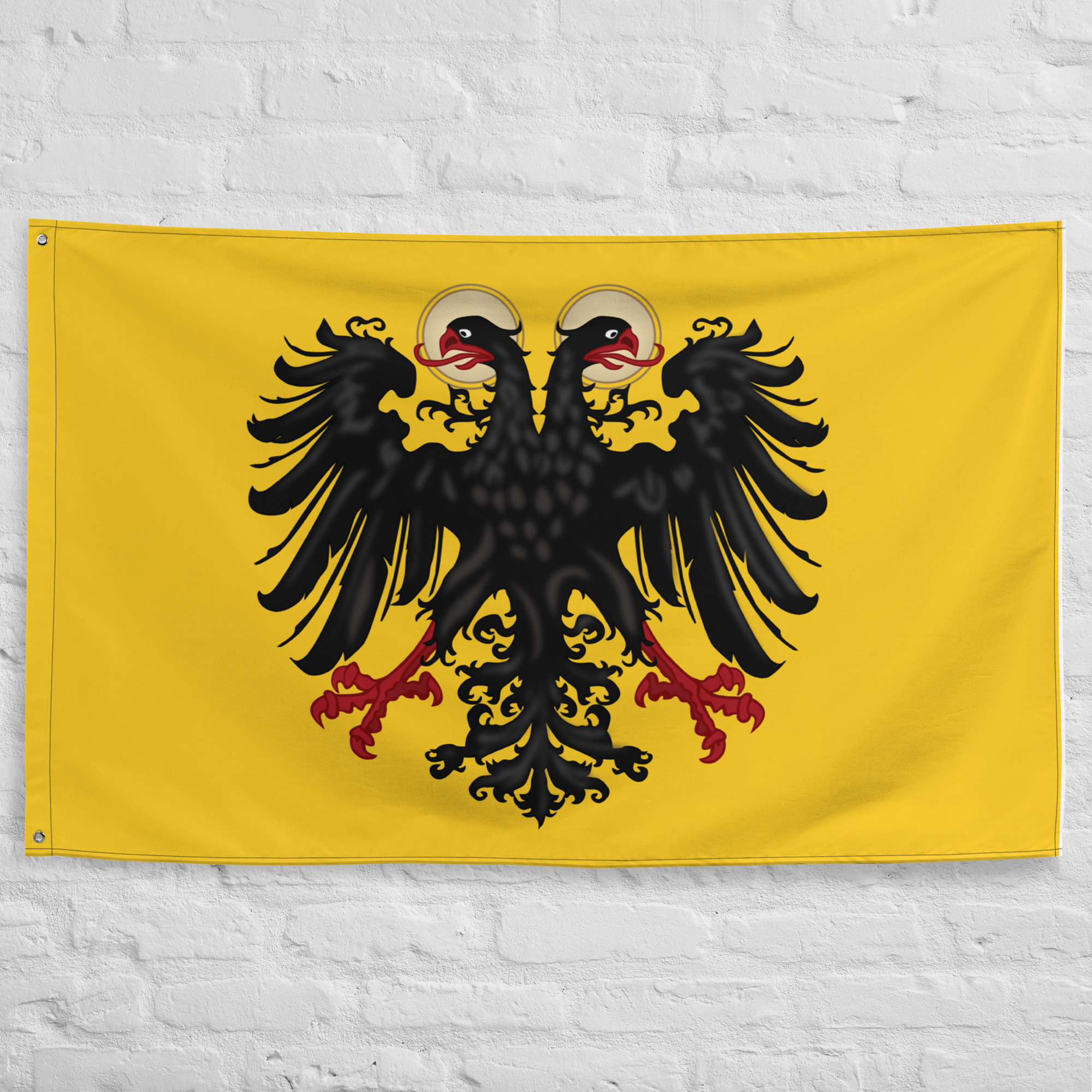 holy-roman-empire-flag-historical-german-imperial-banner Holy Roman Empire Flag featuring a black double-headed eagle on a golden background representing the Holy Roman Empire, German imperial heritage, and medieval European history.