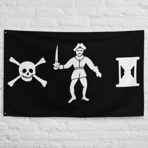 Walter Kennedy Pirate Flag featuring a skull and crossbones, armed pirate figure, and hourglass on a black background associated with the Golden Age of Piracy.