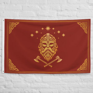Iron Hills Flag featuring a noble Dwarven emblem, crossed axes, and royal heraldic symbols representing a legendary Dwarven kingdom.