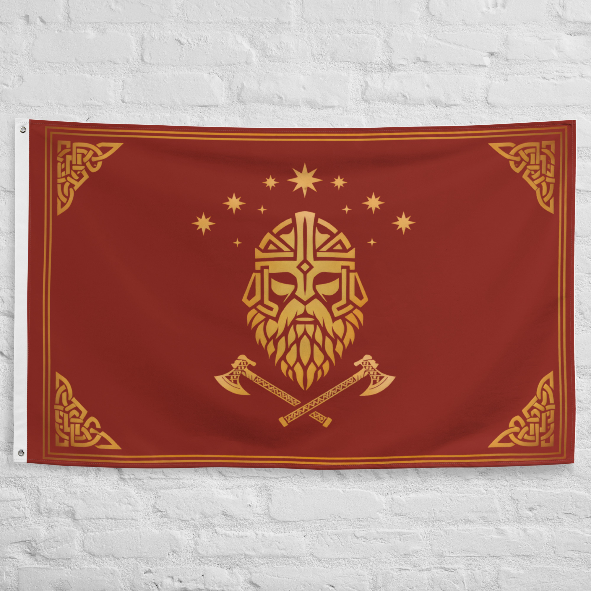 iron-hills-flag-dwarven-kingdom-fantasy-banner Iron Hills Flag featuring a noble Dwarven emblem, crossed axes, and royal heraldic symbols representing a legendary Dwarven kingdom.