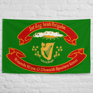69th New York Infantry Regiment Flag featuring Irish Brigade symbols including a golden harp, shamrocks, and Irish inscriptions on a green background.