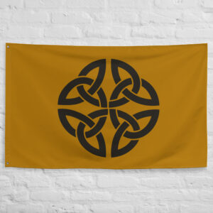 Enedwaith Flag featuring a Celtic knot symbol on a golden background inspired by Middle Earth and The Lord of the Rings fantasy universe.