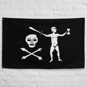 Captain Dulaien Pirate Flag featuring a sword wielding figure, hourglass, skull, and crossed bones on a black background symbolizing pirate history.