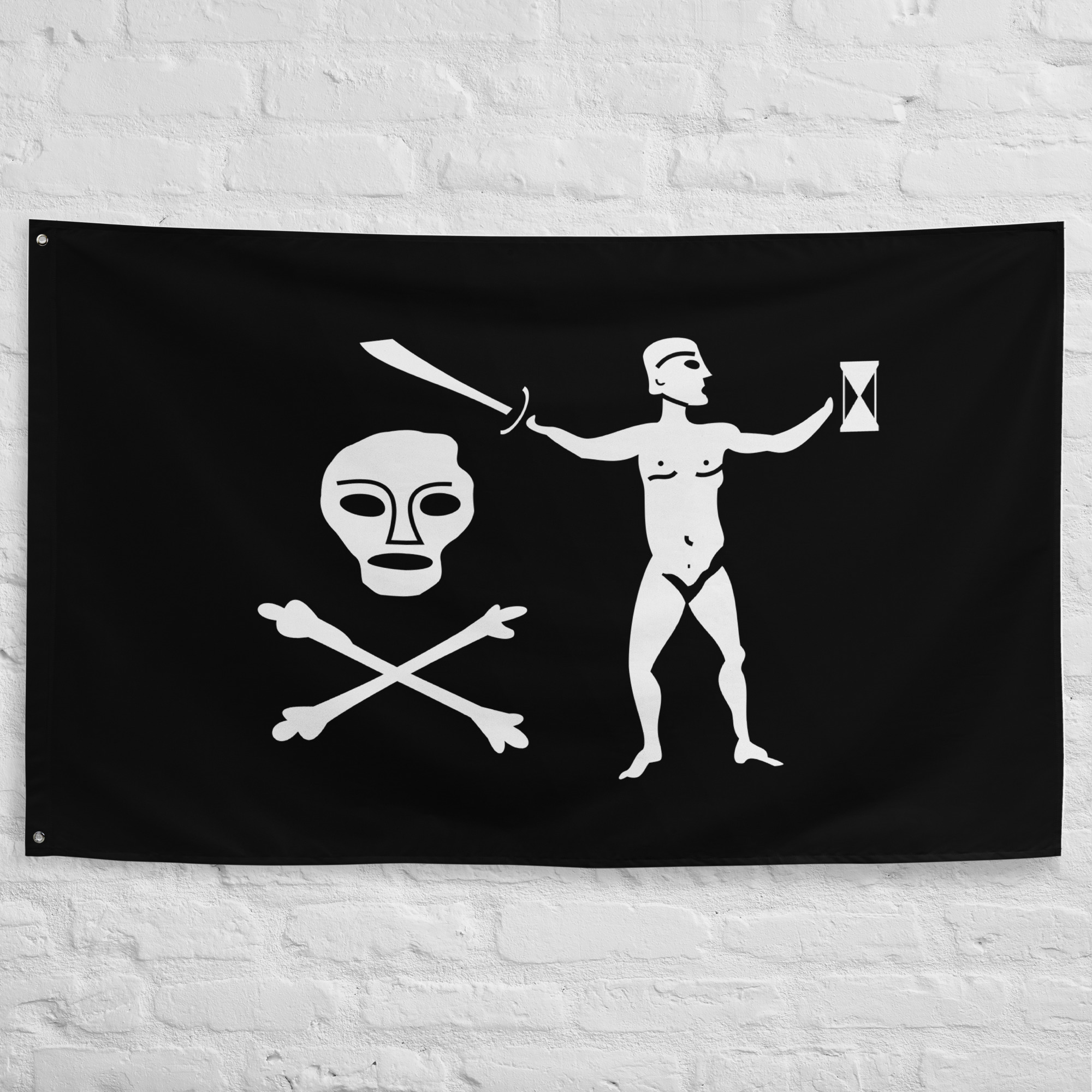 captain-dulaien-pirate-flag.jpg Captain Dulaien Pirate Flag featuring a sword wielding figure, hourglass, skull, and crossed bones on a black background symbolizing pirate history.