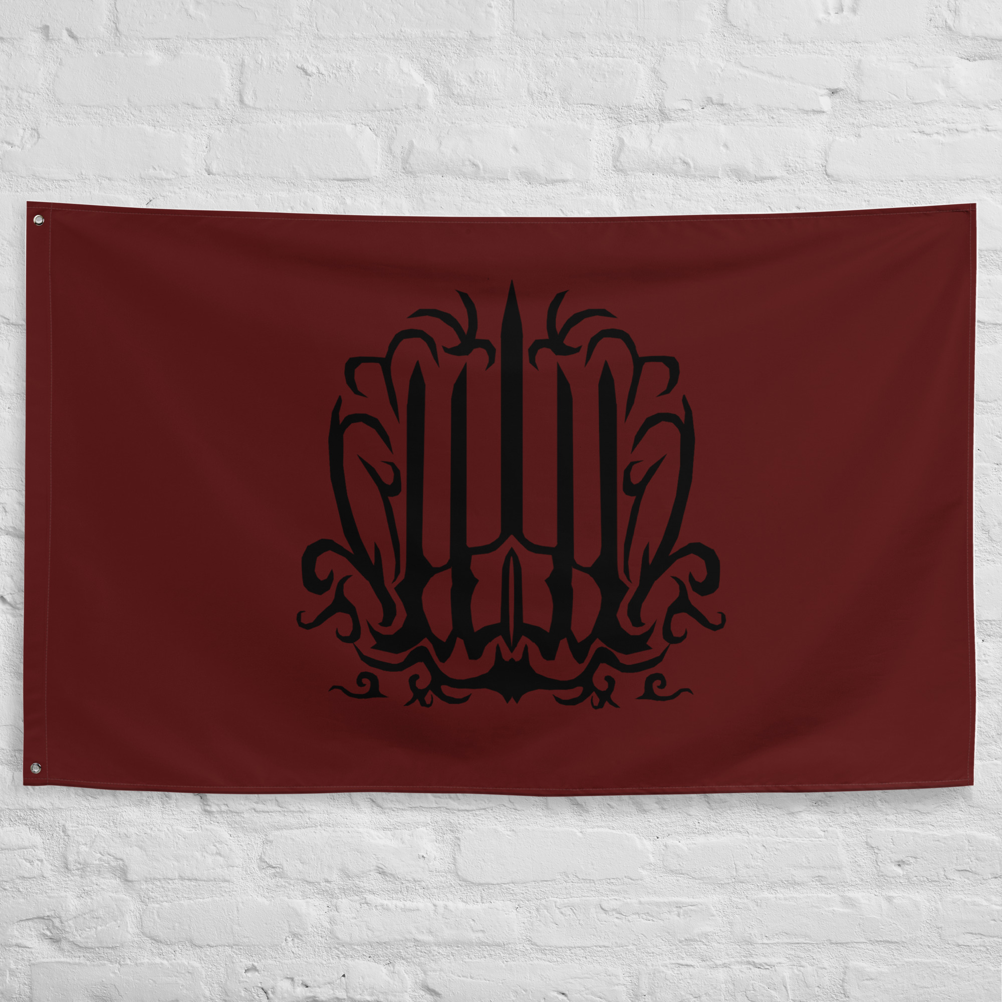 angmar-flag-dark-northern-realm-lotr-fantasy-banner Angmar Flag featuring a dark black emblem on a crimson background inspired by the Witch Kingdom of Angmar in The Lord of the Rings and Middle Earth.