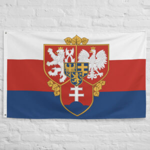 Zapadoslavia Flag featuring a crowned Slavic eagle coat of arms on red white and blue Pan Slavic colors representing royal heraldic tradition.
