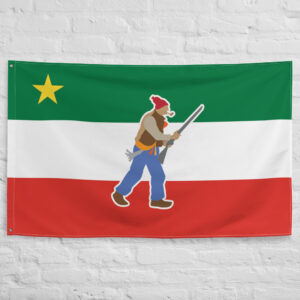 French Patriote Flag featuring green white and red stripes with a Patriote figure representing the Lower Canada Rebellion and French Canadian heritage