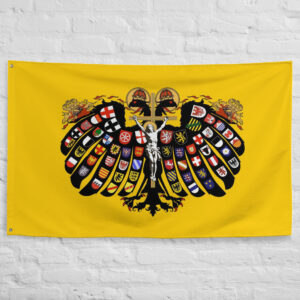 Holy Roman Empire Banner featuring the imperial double headed eagle adorned with heraldic shields representing the historic Holy Roman Empire.