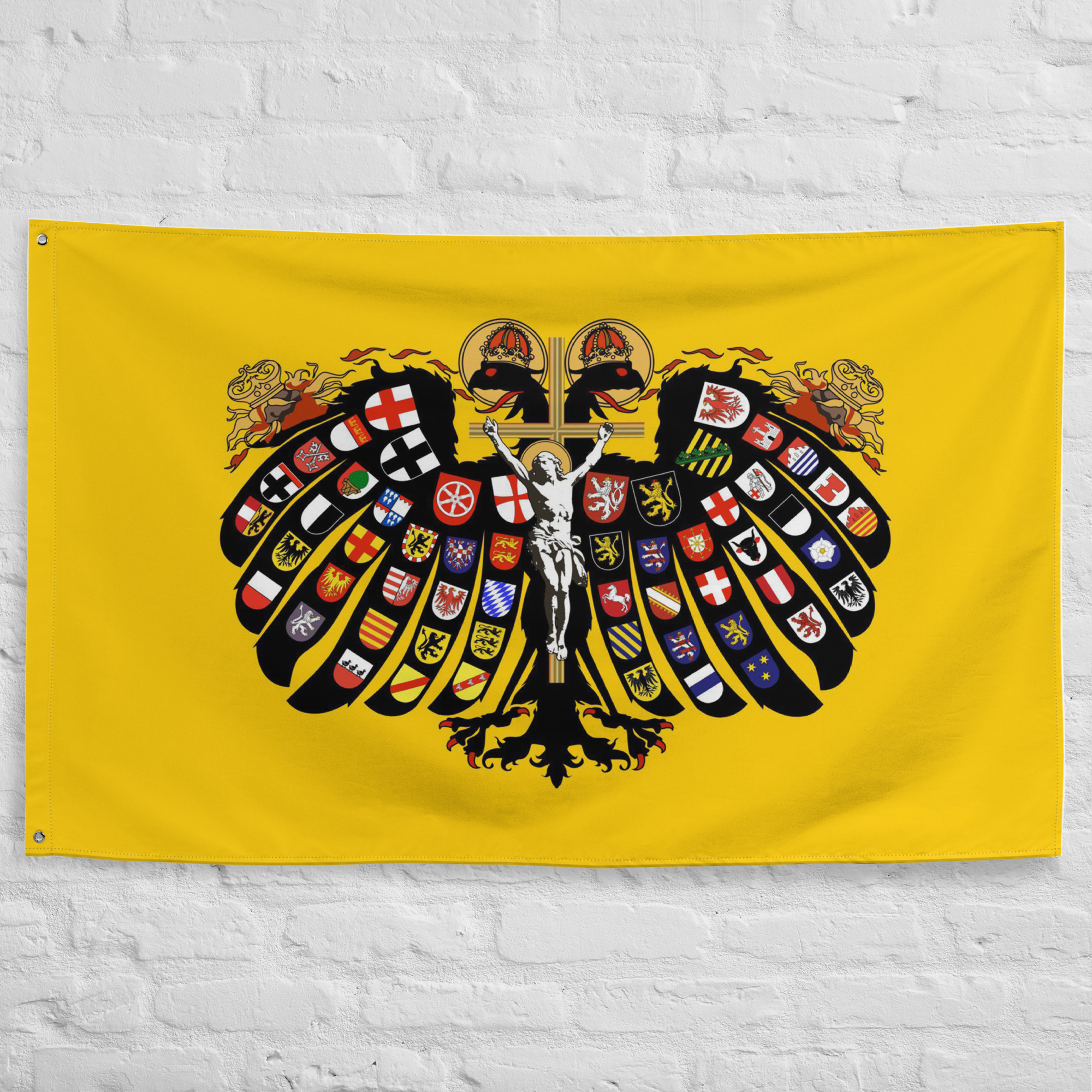 holy-roman-empire-banner-imperial-double-headed-eagle-flag Holy Roman Empire Banner featuring the imperial double headed eagle adorned with heraldic shields representing the historic Holy Roman Empire.