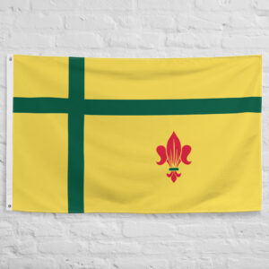 Fransaskois Flag featuring a green cross and red fleur-de-lis representing the Francophone community of Saskatchewan, Canada.