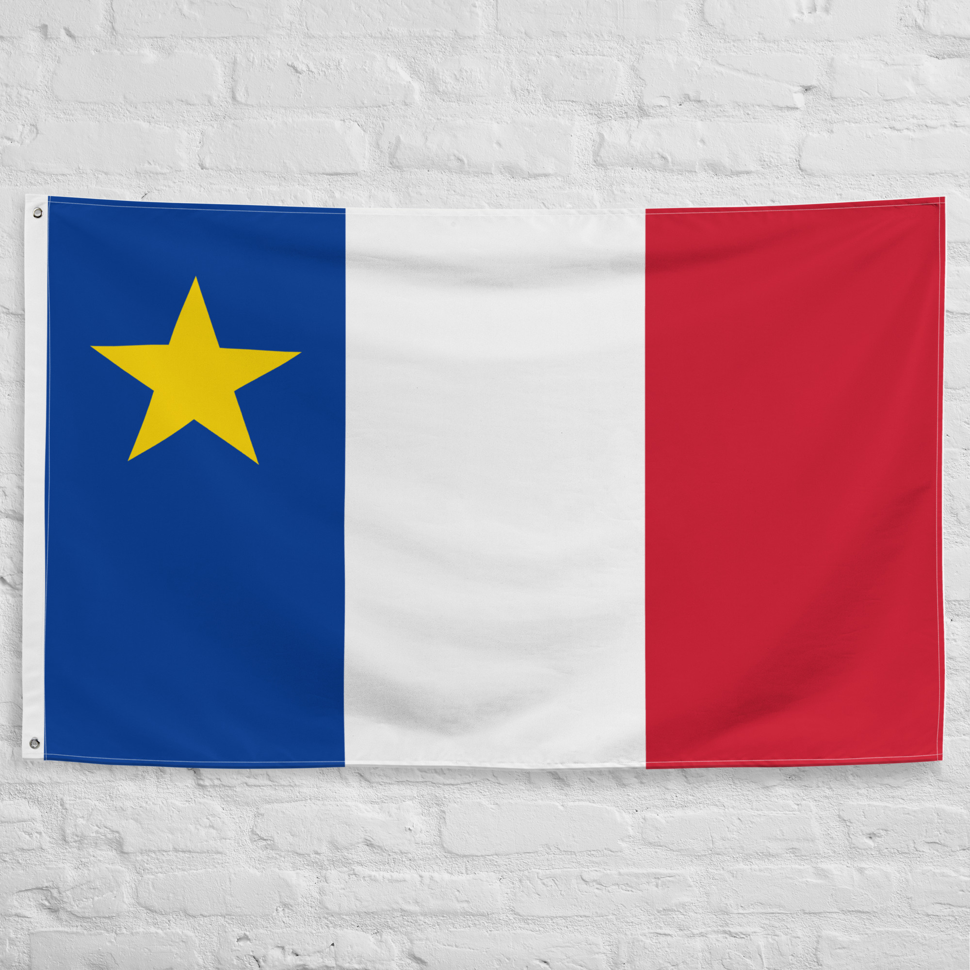 acadian-flag-historic-french-canadian-heritage-banner Acadian Flag featuring the French tricolor and golden Star of Mary representing Acadian heritage and French Canadian culture since 1884.
