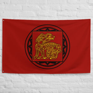 Rhudaur Flag featuring a golden Celtic beast emblem on a crimson background inspired by the lost Northern Kingdom of Rhudaur in The Lord of the Rings and Middle Earth.