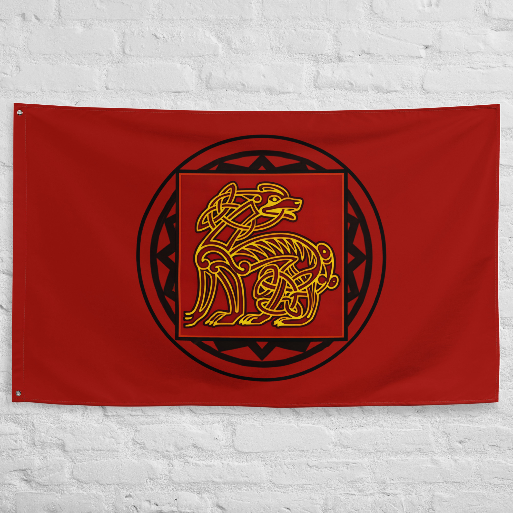 rhudaur-flag-northern-kingdom-lotr-fantasy-banner Rhudaur Flag featuring a golden Celtic beast emblem on a crimson background inspired by the lost Northern Kingdom of Rhudaur in The Lord of the Rings and Middle Earth.