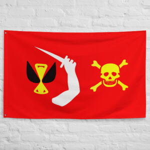 Christopher Moody Pirate Flag featuring a red field with a winged hourglass, sword bearing arm, and skull and crossbones pirate symbols.