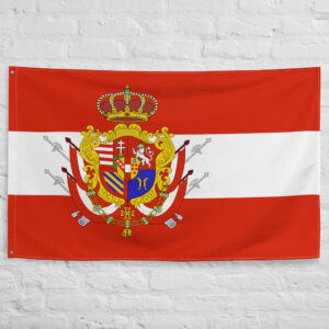 Grand Duchy of Tuscany Flag featuring the grand ducal coat of arms on a red and white background representing historic Tuscany in Italy.