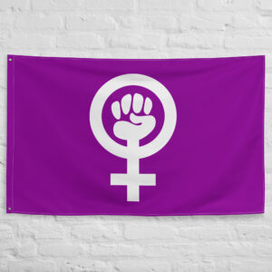 Feminism Flag featuring the purple feminist symbol with raised fist representing gender equality, women's rights, empowerment, and social justice.