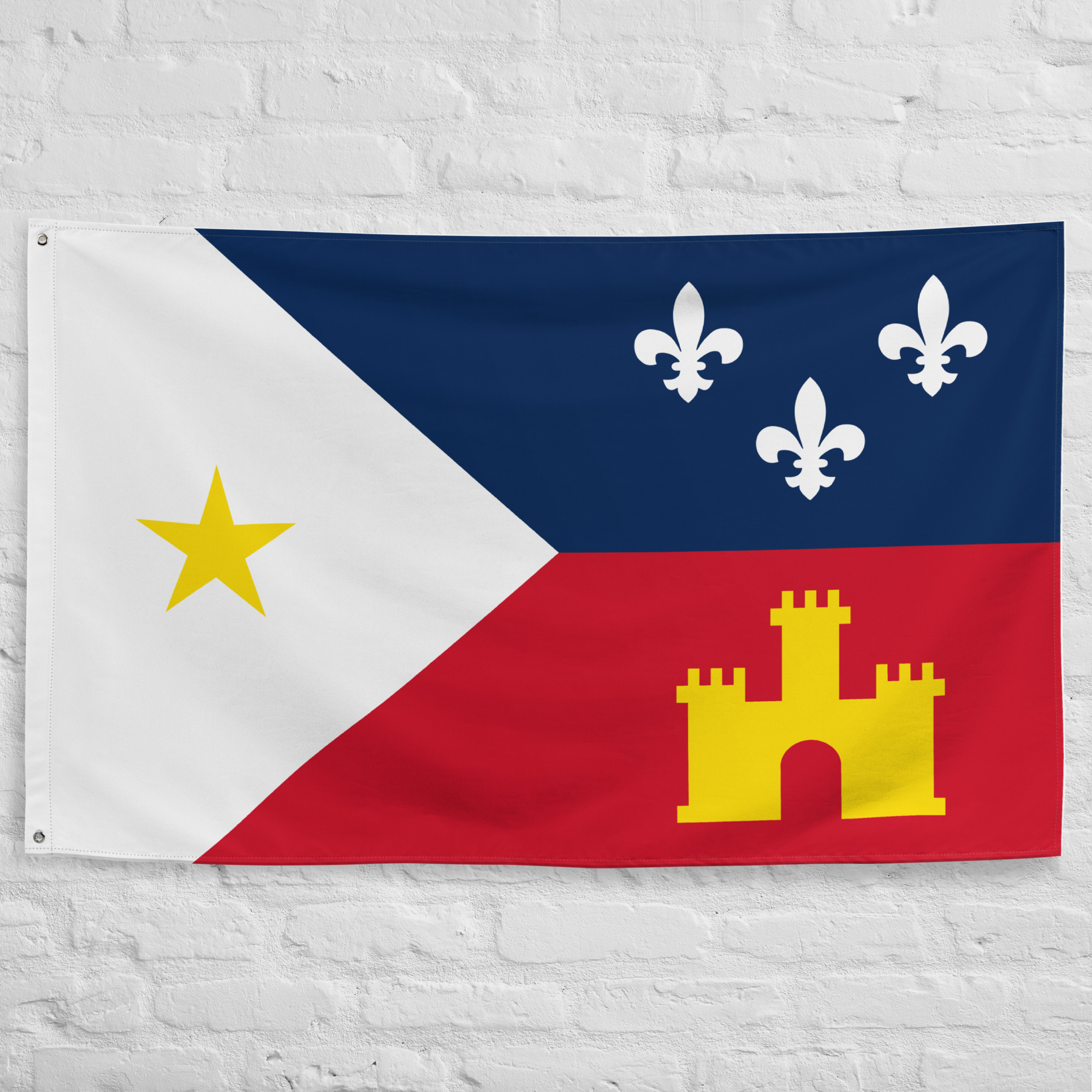 acadiana-flag-cajun-heritage-banner.jpg Acadiana Flag featuring Cajun heritage symbols including the gold star, fleur-de-lis, and castle emblem of Louisiana's Acadiana region