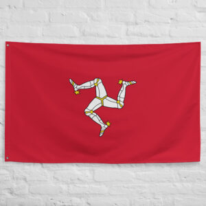 Isle of Man Flag featuring the famous Manx triskelion with three armored legs on a red background representing Manx heritage and island identity.