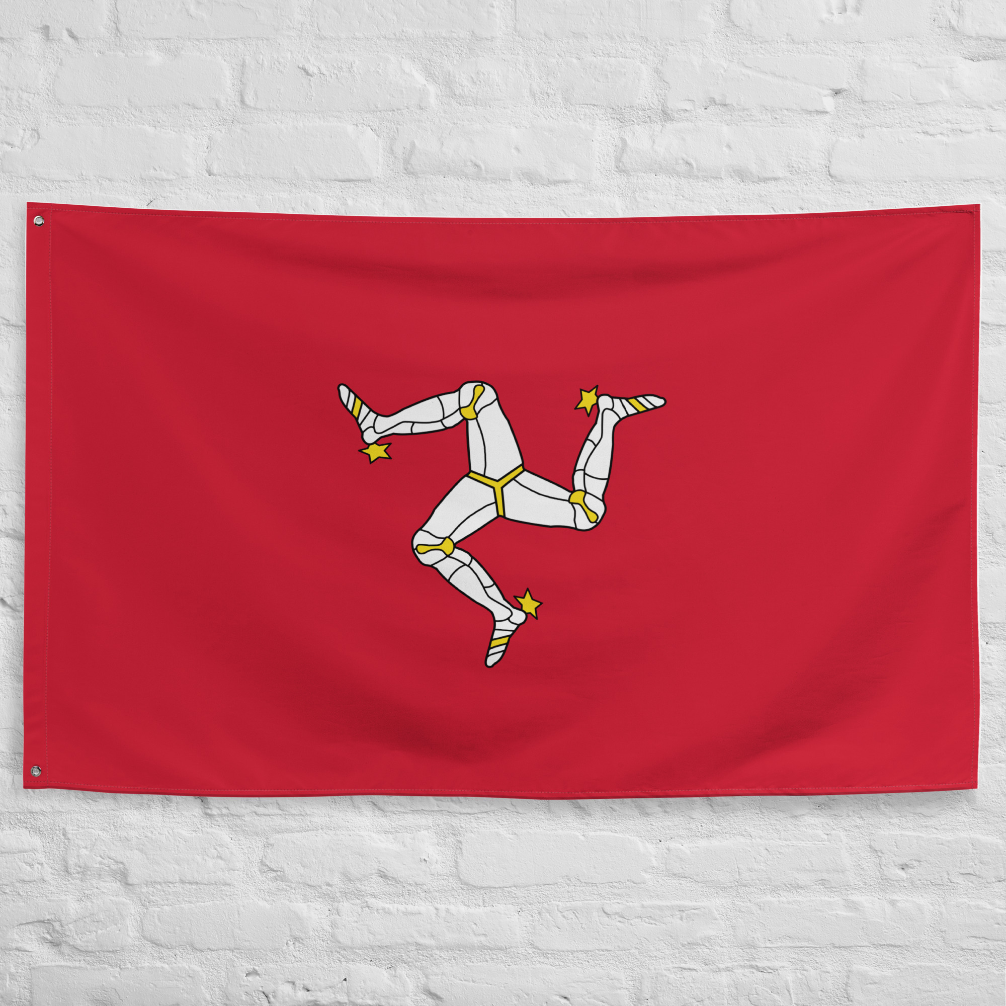 isle-of-man-flag.jpg Isle of Man Flag featuring the famous Manx triskelion with three armored legs on a red background representing Manx heritage and island identity.