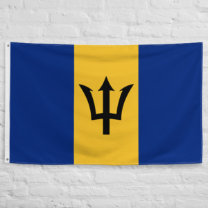 Barbados Flag featuring the black broken trident on blue and gold stripes representing the national flag of Barbados and Caribbean heritage.