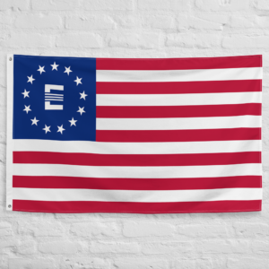 Enclave Flag from Fallout featuring the iconic Enclave emblem on a patriotic red white and blue banner representing the post apocalyptic faction.