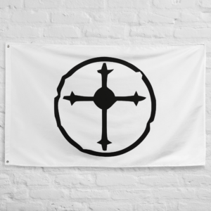 Followers of the Apocalypse Flag from Fallout featuring the iconic humanitarian faction symbol on a white background representing knowledge and rebuilding civilization.