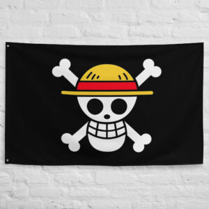 Straw Hat Pirates Flag featuring the iconic Jolly Roger skull wearing a straw hat on a black background representing One Piece, Monkey D. Luffy, and the Straw Hat Crew.
